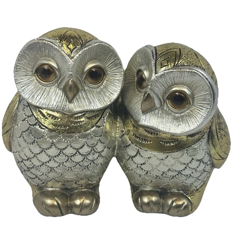 Gold Silver‎ Owl Figurine Set Pair Metallic Vintage Style Shelf Home Decor